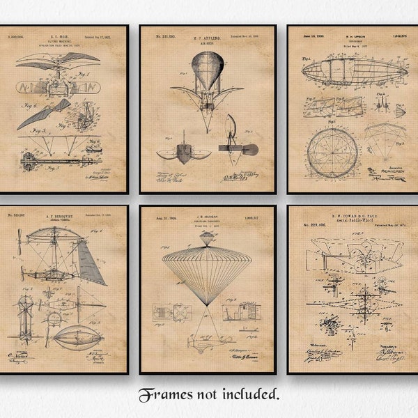 Vintage Blimp, Airplane, Aviation Patent Poster Prints, Set of 6 (8x10) Unframed Photos, Wall Art Decor for Home, Office Pilot, Veterans Fan