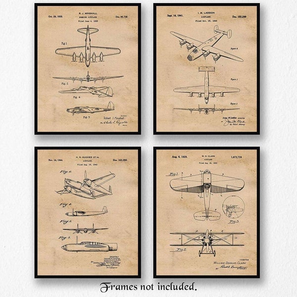 Vintage Bomber Airplanes Patent Prints, 4 Unframed Photos, Wall Art Decor Gifts for Home Office Man Cave Shop Military War Veterans Aviation