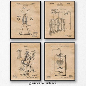 Vintage Science Lab Chemistry Patent Prints, 4 Unframed Photos, Wall Art Decor Gifts for Home Office Research Dev Student Teacher Engineer