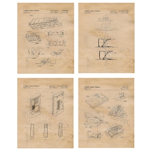 May include: Four vintage United States Patent prints. Each print features detailed technical drawings on aged paper. The prints showcase various inventions, including a record player and other mechanical devices. The prints are in a grid pattern.