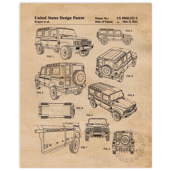 Classic Grenadier L Rover Patent Prints, 1 Unframed Photos, Wall Art Decor for Home Office Man Cave Student Teacher Team 4x4 Offroad Trails