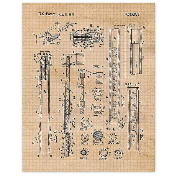 Vintage Flute Instrument Patent Prints, 1 Unframed Photos, Wall Art Decor Gifts for Home Office School Student Rock Roll Band Music Teacher