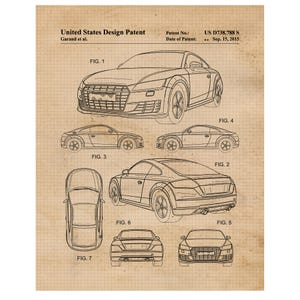 May include: A vintage-style blueprint of a car design, featuring multiple views including front, side, and top perspectives. The design patent is from the United States, with the patent number US D738,788 S, dated September 15, 2015.