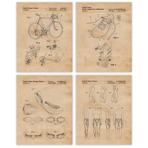 Classic Triathlon Bicycle Shoes Goggles Tights Patent Prints, 4 Unframed Photos, Wall Art Decor Gift for Home Office Garage Iron Man Race