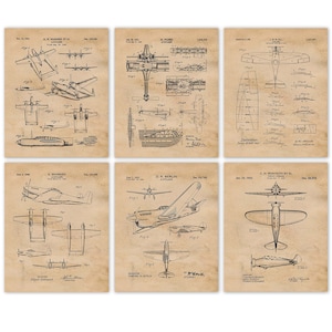 Vintage Howard Hughes, Henry Ford, Classic Airplanes Patent Prints, 6 Unframed Photos, Wall Art Decor for Home Office Man Cave Sky Aviation