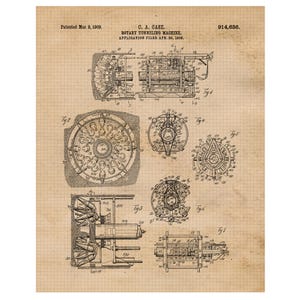 May include: Vintage blueprint of a rotary tunneling machine, dated March 9, 1909. The sepia-toned print features detailed technical drawings and diagrams of the machine's components, including top and side views. The patent number is 914,636.