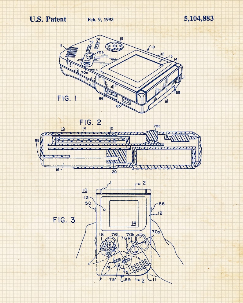 Vintage Video Games Patent Prints, 6 Unframed Photos, Wall Art Decor Gifts for Home Office Man Cave Student Nintendo Gamers Comic-Con Fans Beige Navy