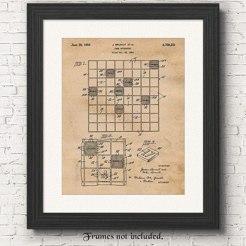 Vintage Scrabble Game Patent Prints, 1 Unframed Photo, Wall Art Decor for Home Office Man Cave Student Teacher Coach Family Night Gaming Fan Beige