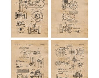Vintage Farming Tractor Patent Prints, 4 Unframed Photos, Wall Art Decor for Home Work Office Henry Ford John Deere Tool Garage Shop Student