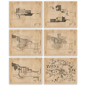 May include: Six black and white architectural blueprints of a house. The blueprints show the house's exterior, floor plan, and landscaping.