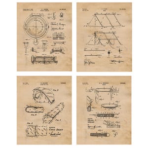 Vintage Camping Patent Prints, 4 Unframed Photos, Wall Art Decor for Home Office Man Cave Cabin Student Teacher Mountain Camp Trail Hiking