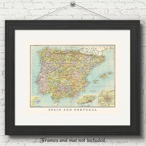 Vintage Spanien Portugal 1898 Replikat Kartendrucke, 1 Fotos ohne Rahmen, Wandkunstdekor für Zuhause Büro Schüler Lehrer Weltreise Geographie Fan
