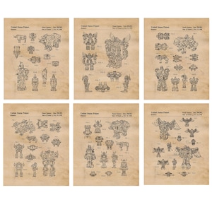 May include: A set of six vintage-style patent drawings for a robot toy. Each drawing shows the robot in different configurations, with detailed line art and labels. The drawings are printed on a textured, aged paper background.