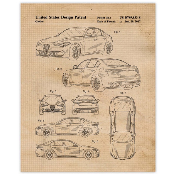 Alfa Romeo Giulia Patent Prints, 1 Unframed Photos, Wall Art Decor Gifts for Home Office Man Cave Garage Shop Student Teacher F1 Cars Racing