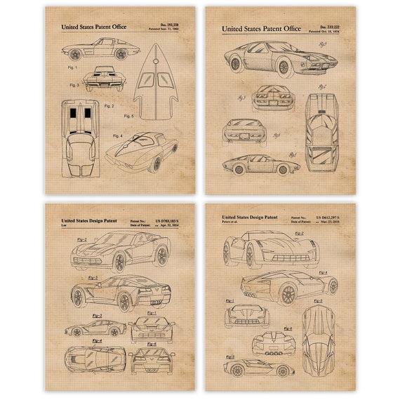 Classic Chevy Corvette Patent Prints, 4 Unframed Photos, Wall Art