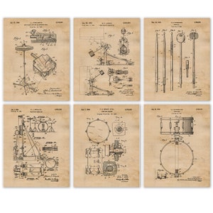 Vintage Style Drums Patent Prints, 6 Unframed Photos, Wall Art Decor Gifts for Home Office Man Cave Garage Music Student Rock Roll Band Fan