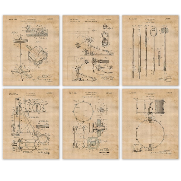 Vintage Style Drums Patent Prints, 6 Unframed Photos, Wall Art Decor Gifts for Home Office Man Cave Garage Music Student Rock Roll Band Fan