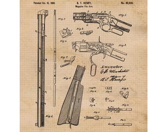 Benjamin T Henry Lever Action Rifle Patentdruck, 1 ungerahmte Fotos, Wandkunstdekor für Zuhause Arbeit Büro Studie American Firearmverlaufsclub