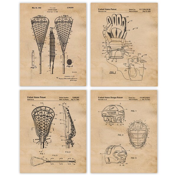 Vintage Lacrosse Patent Prints, 4 Unframed Photos, Wall Art Decor Gifts for Home Office Man Cave Student Teacher Team Coach Field Equipment