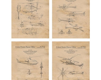 Op de afbeelding: Vier vintage patenttekeningen van helikopters. Elke tekening toont een ander helikopterontwerp met meerdere weergaven van het vliegtuig. De tekeningen zijn in zwart-wit en hebben een vervaagde, verweerde uitstraling.