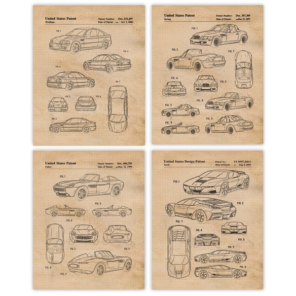 Vintage Auto Collection Patent Prints, 4 Unframed Photos, Wall Art Decor Gifts for Home Office Man Cave Garage Student Teacher F1 BMW Racing