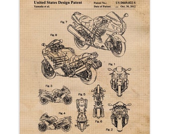 Vintage Ninja Motorcycle Patent Prints, 1 Unframed Photos, Wall Art Decor for Home Office Man Cave Kawasaki Garage Motorsports Team Racing