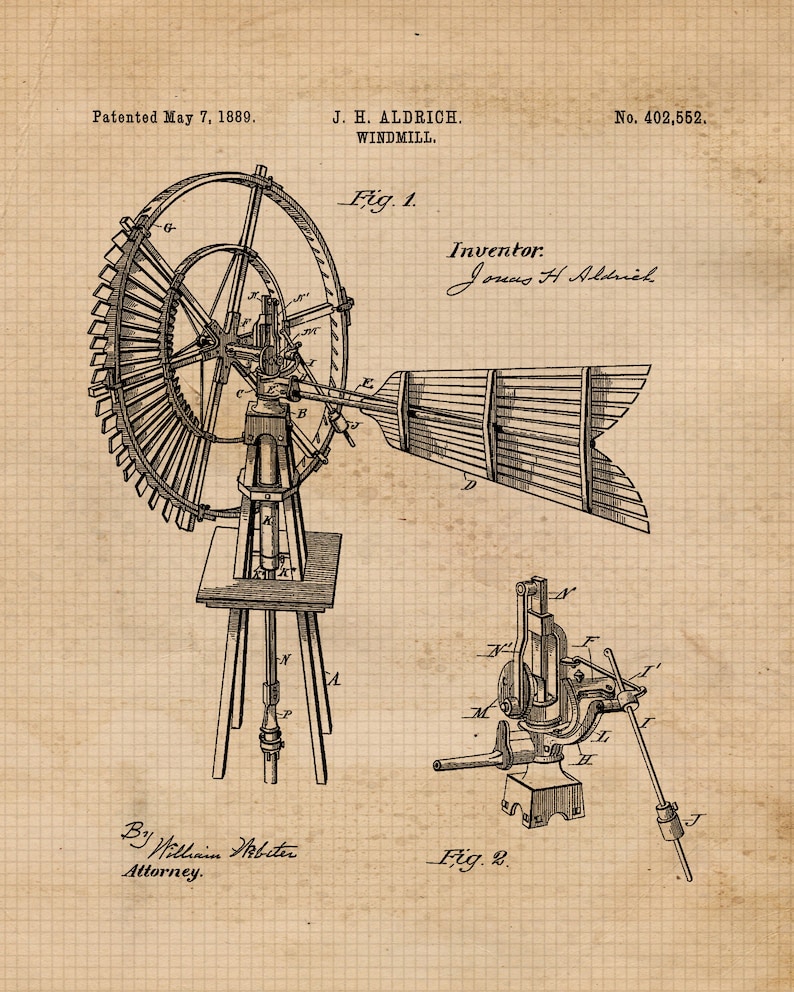Windmill Lever Vintage Windmill Wind Power Patent Prints, 4 Unframed Photos, Wall Art ...