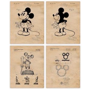 May include: A set of four vintage Mickey Mouse patent prints. The prints are in black and white and feature Mickey Mouse in different poses. The prints are on a beige background with a grid pattern. The text on the prints includes the date, the inventor's name, and the patent number.