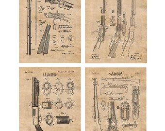 Vintage Bolt Action Lever Pump Rifle Patent Prints, 4 Unframed Photos, Wall Art Decor for Home Work Office Gun Ammo Gear Garage Machine Shop