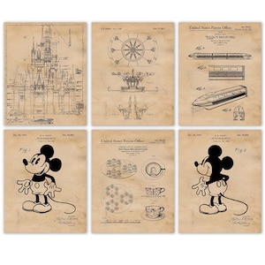 May include: A set of six vintage-style prints featuring black and white illustrations of iconic Disney characters and attractions. The prints include Mickey Mouse, Cinderella's Castle, a carousel, and a monorail. Each print has a vintage patent design with text that reads "United States Patent Office" and "Walter Disney".