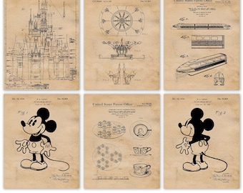 Vintage Park Rides #25 Patent Prints, 6 Unframed Photos, Wall Art Decor Gifts for Home Disney Office Garage Student Teacher Comic-Con Movies