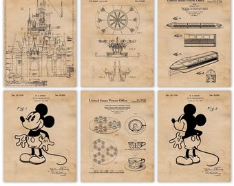 Vintage Park Fahrten #25 Patent Prints, 6 ungerahmte Fotos, Wand Kunst Dekor Geschenke für Home Disney Office Garage Studenten Lehrer ComicCon Filme