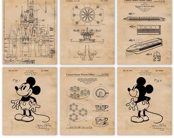 Vintage Park Rides #25 Patent Prints, 6 Unframed Photos, Wall Art Decor Gifts for Home Disney Office Garage Student Teacher Comic-Con Movies