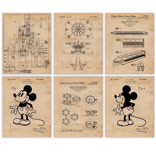 Vintage Park Rides #25 Patent Prints, 6 Unframed Photos, Wall Art Decor Gifts for Home Disney Office Garage Student Teacher Comic-Con Movies