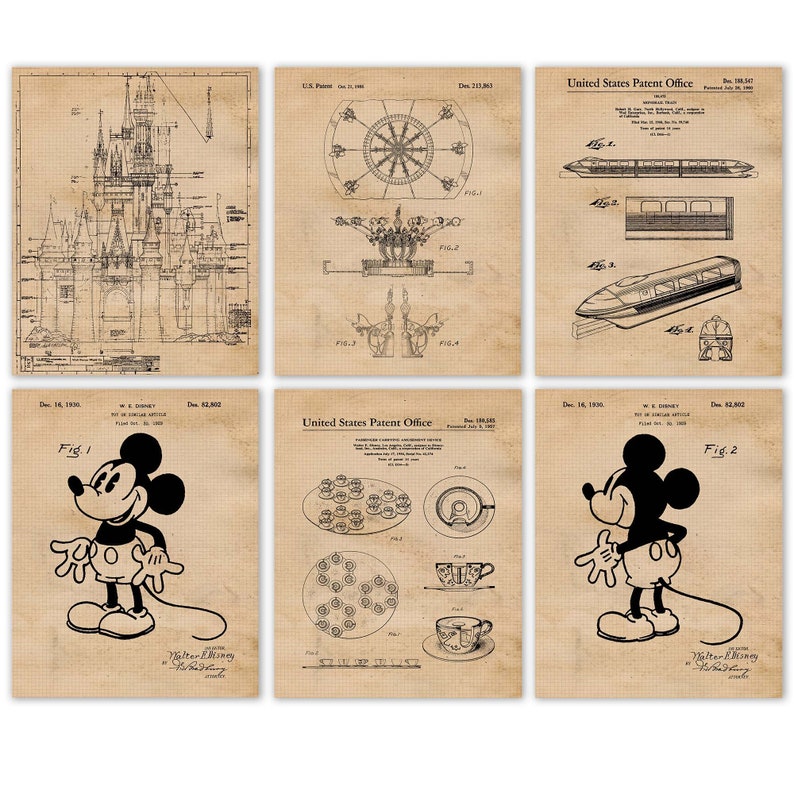 Vintage Park Rides 25 Patent Prints, 6 Unframed Photos, Wall Art Decor Gifts for Home Disney Office Garage Student Teacher Comic-Con Movies Beige