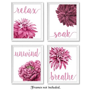 Relax Soak Unwind Breathe Bathroom Flowers Poster Prints 4 Pink