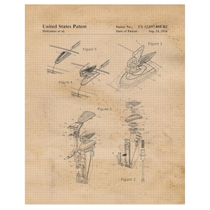 May include: A black and white line drawing of a patent for a car part. The patent is for a car hood ornament that is shaped like a bird. The patent drawing shows the ornament from different angles. The patent number is US 12,097,808 B2 and the date of the patent is September 24, 2024.