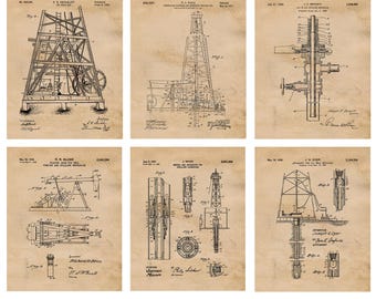Vintage Oil Rig Patent Prints, 6 Unframed Photos, Wall Art Decor for Home Work Office Earth Fuel Mineral Tech School Student Teacher Farmer