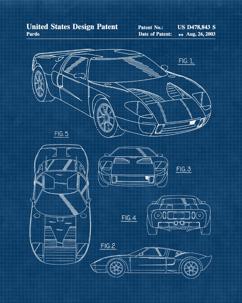 May include: A blueprint style drawing of a car design patent. The drawing shows a car from different angles, including the front, side, and top views. The patent number is US D478,843 S and the date of the patent is August 26, 2003.