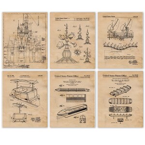 May include: Six vintage patent prints featuring architectural and mechanical designs. The prints include a castle, a futuristic structure, and various transportation concepts, all rendered in black ink on a tan grid background.