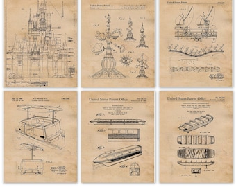 Classic Disney Rides #5 Patent Prints, 6 Unframed Photos, Wall Art Decor Gift for Home Work Office Architecture School Student Teacher Coach