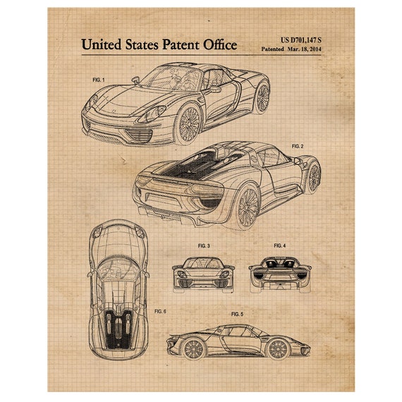 Classic 918 Auto Patent Prints, 1 Unframed Photos, Wall Art Decor Gift for Home Office Work Porsche Car Garage Racing Shop Student Teacher