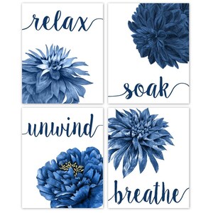 Relax Soak Unwind Breathe Bathroom Flowers Poster Prints 4 Navy