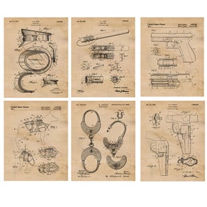 Klassische Polizei Patent Drucke, 6 ungerahmte Fotos, Wand Kunst Dekor Geschenk für Zuhause Werkstatt Büro Doodle