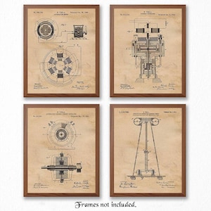 Puede incluir: Conjunto de cuatro impresiones de estilo vintage que muestran diagramas de las invenciones de Nikola Tesla, incluyendo un motor de corriente alterna, un transformador y un oscilador de alta frecuencia. Las impresiones son en blanco y negro y tienen un aspecto desgastado y envejecido. Cada impresión incluye el número de patente, la fecha y el título de la invención.