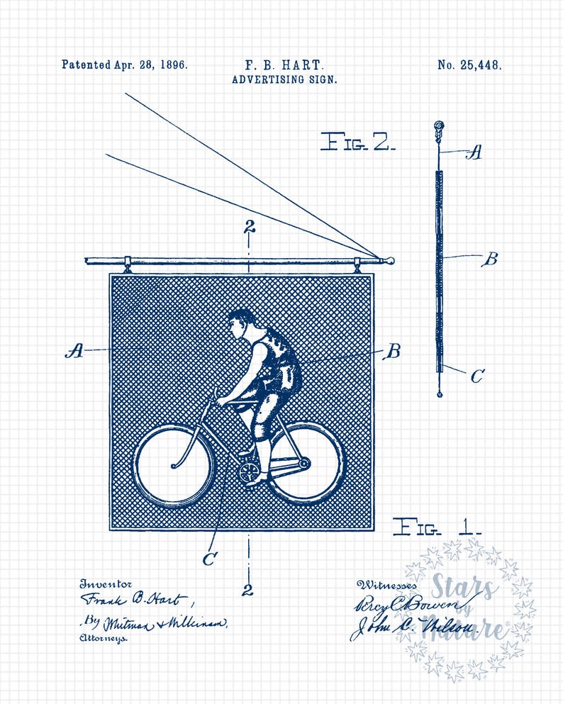 May include: A blue and white patent drawing for an advertising sign. The sign features a man riding a bicycle. The patent drawing is dated April 28, 1896 and is titled "F. B. HART. ADVERTISING SIGN."