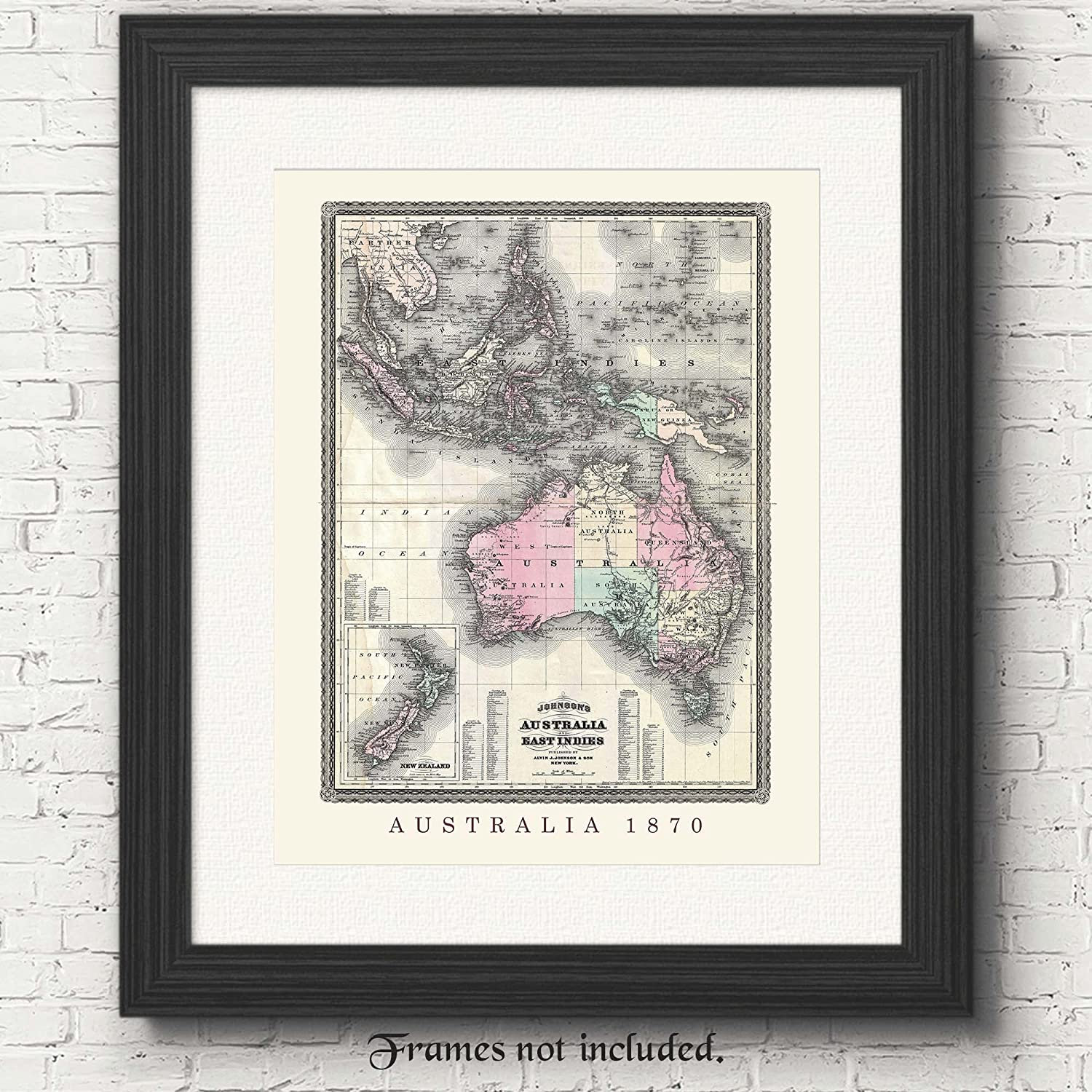 ヴィンテージ オーストラリア 1870年 レプリカ地図プリント、フレーム