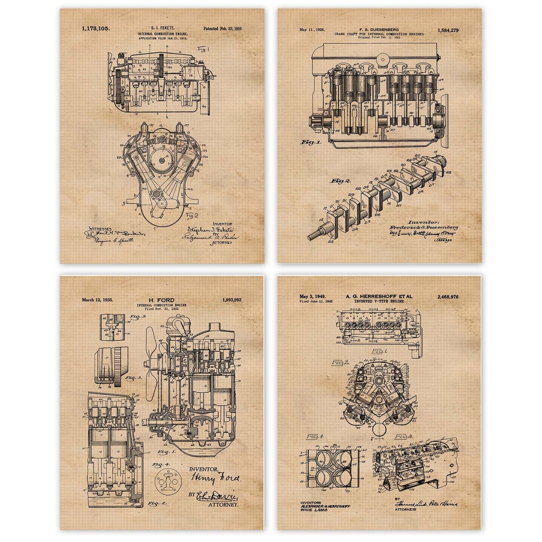 Classic American Muscle Car Engine Patent Prints, 4 Unframed Photos ...