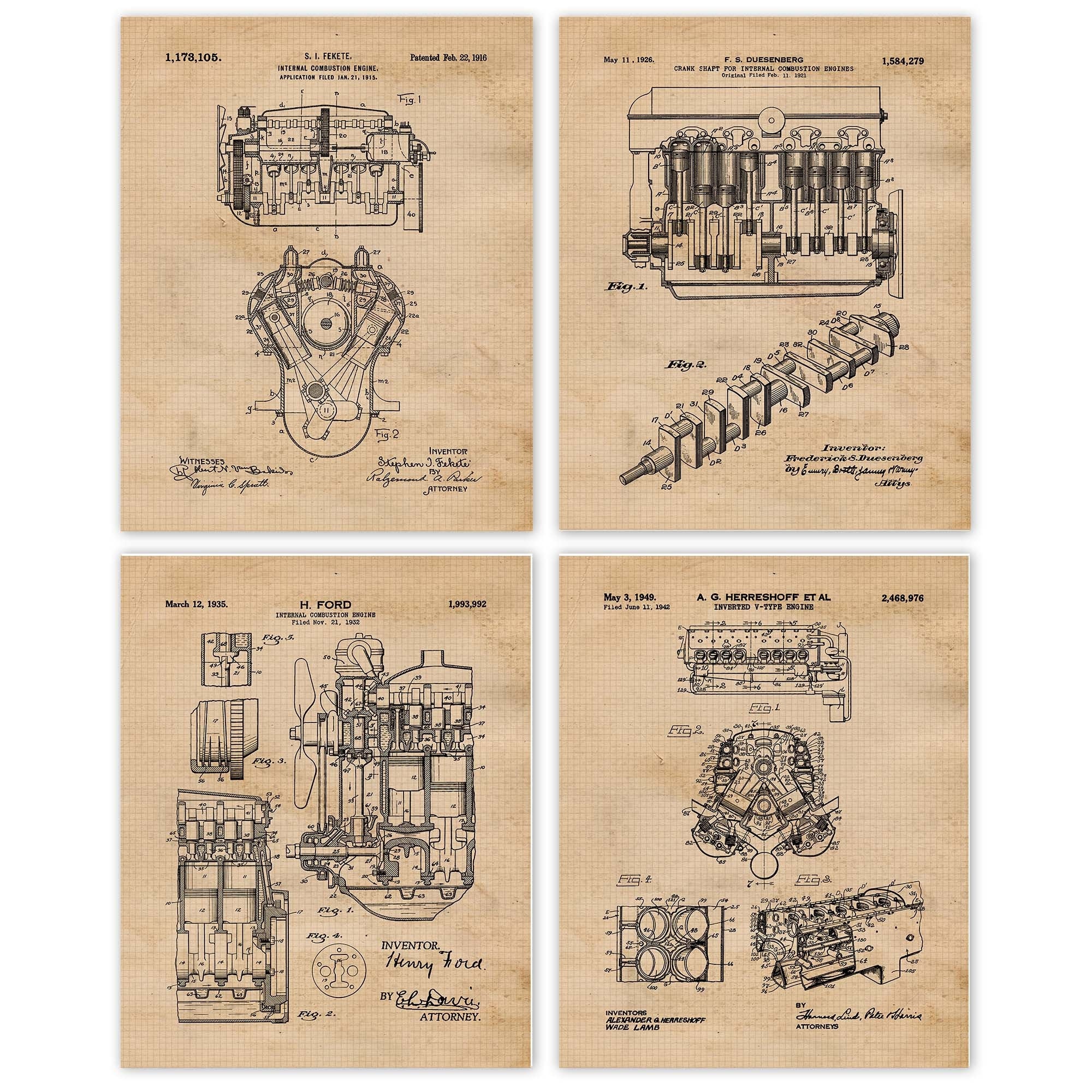 Classic American Muscle Car Engine Patent Prints, 4 Unframed