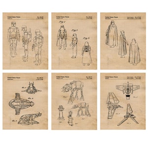 Könnte beinhalten: Ein Satz von sechs Patentzeichnungen im Vintage-Stil mit ikonischen Charakteren und Fahrzeugen aus dem Star Wars-Franchise. Die Zeichnungen zeigen Boba Fett, Darth Vader, einen TIE-Jäger, einen AT-AT-Walker und einen Landspeeder.